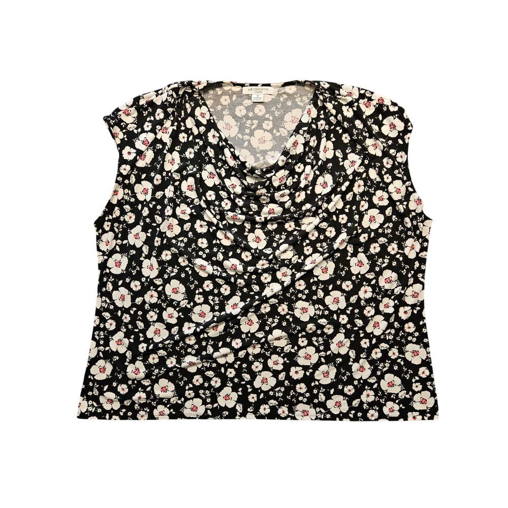Liz Claiborne Woman 3X Black White Floral Cowl Neck Sleeveless‎ Blouse Top